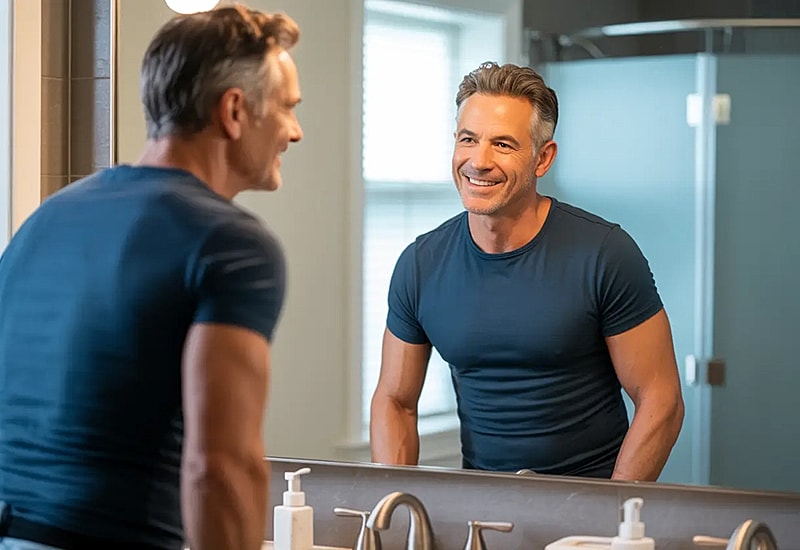 Gynecomastia surgery post-surgical results for a man in his early 40s